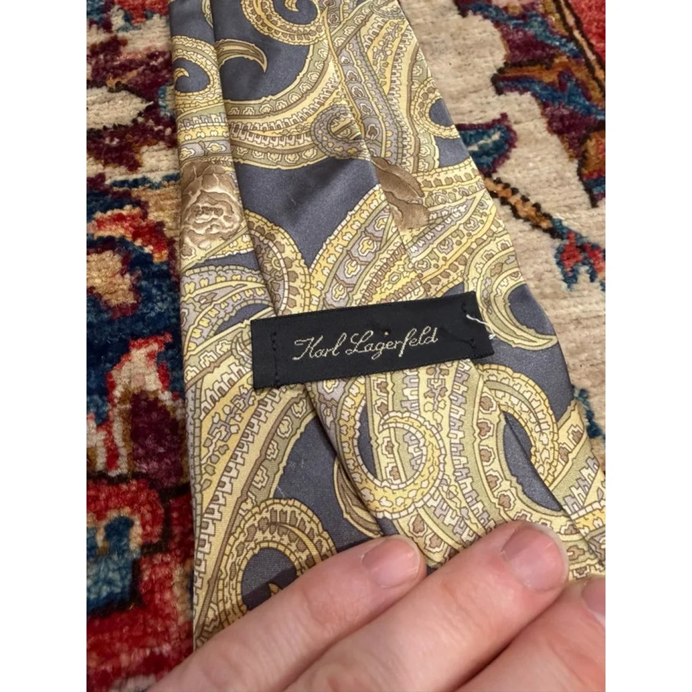 Karl Lagerfeld Italy Silk Tie Gray Gold Baroque Paisley Vintage Designer
